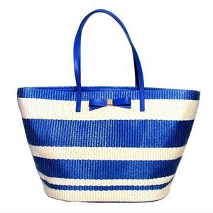 Kate Spade Blue White Striped Straw Wicklow Court Anabette Large Tote Bag Purse